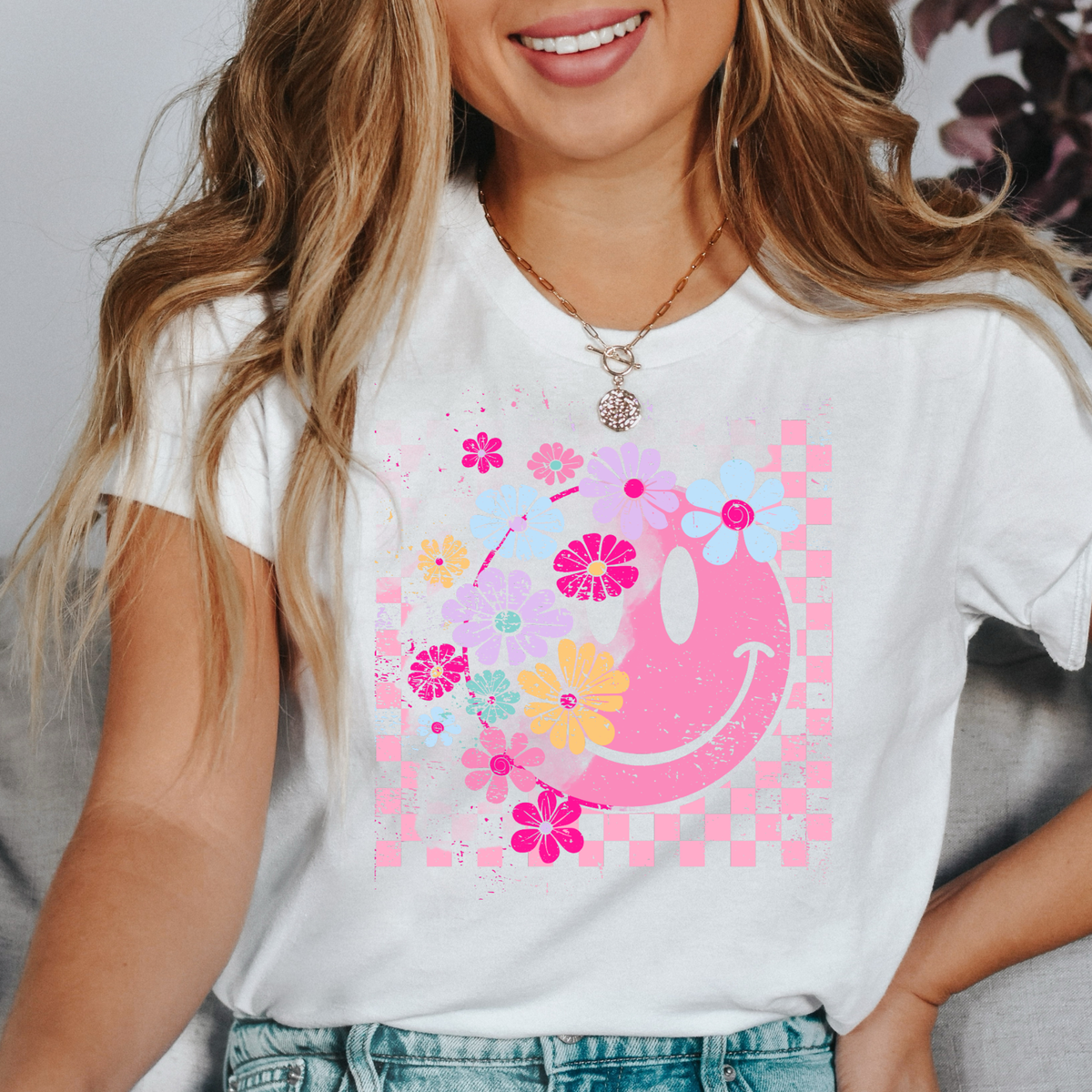 CHECKERED FLORAL SMILEY - THIN MATTE CLEAR FILM